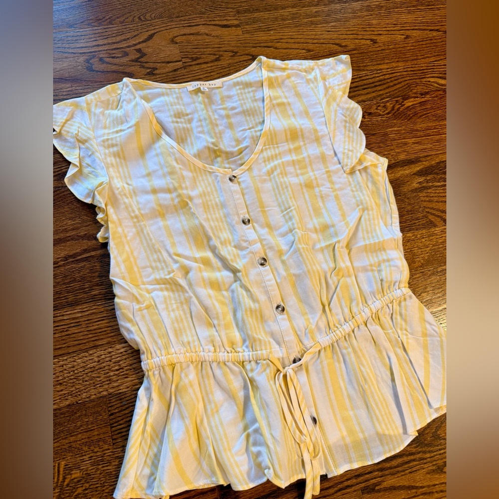 Copper Key Yellow White Striped Ruffle Sleeve Peplum Blouse Size M - NWOT